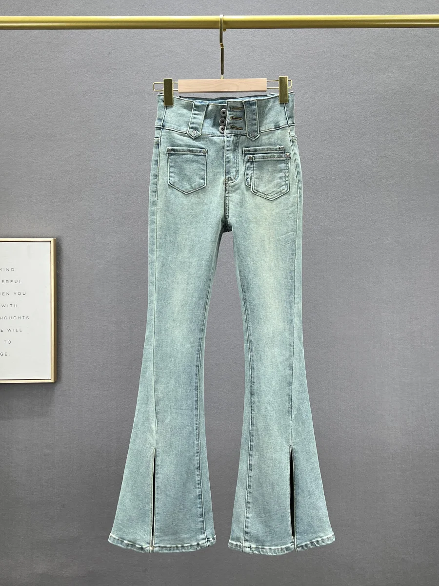 

Женские джинсы-клеш с высокой талией, облегающие, из денима, с эластичными вставками и разрезами, удлиненные, в европейском стиле, для весны и лета