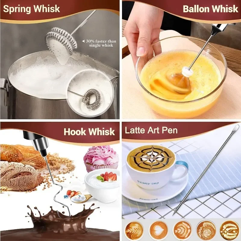 3 in 1 Rechargeable Milk Frother Handheld 3 Speed Adjustable Electric Whisk Foam Maker Portable Automatic Egg Beater Household