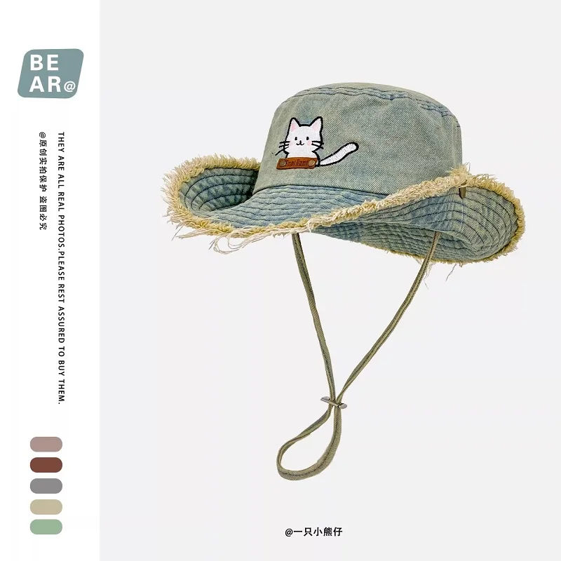 

Женские джинсовые панамы с вышивкой милых котиков, на шнурке, для весны и лета, для путешествий, солнцезащитные, универсальные, в стиле ретро, ковбойские кепки