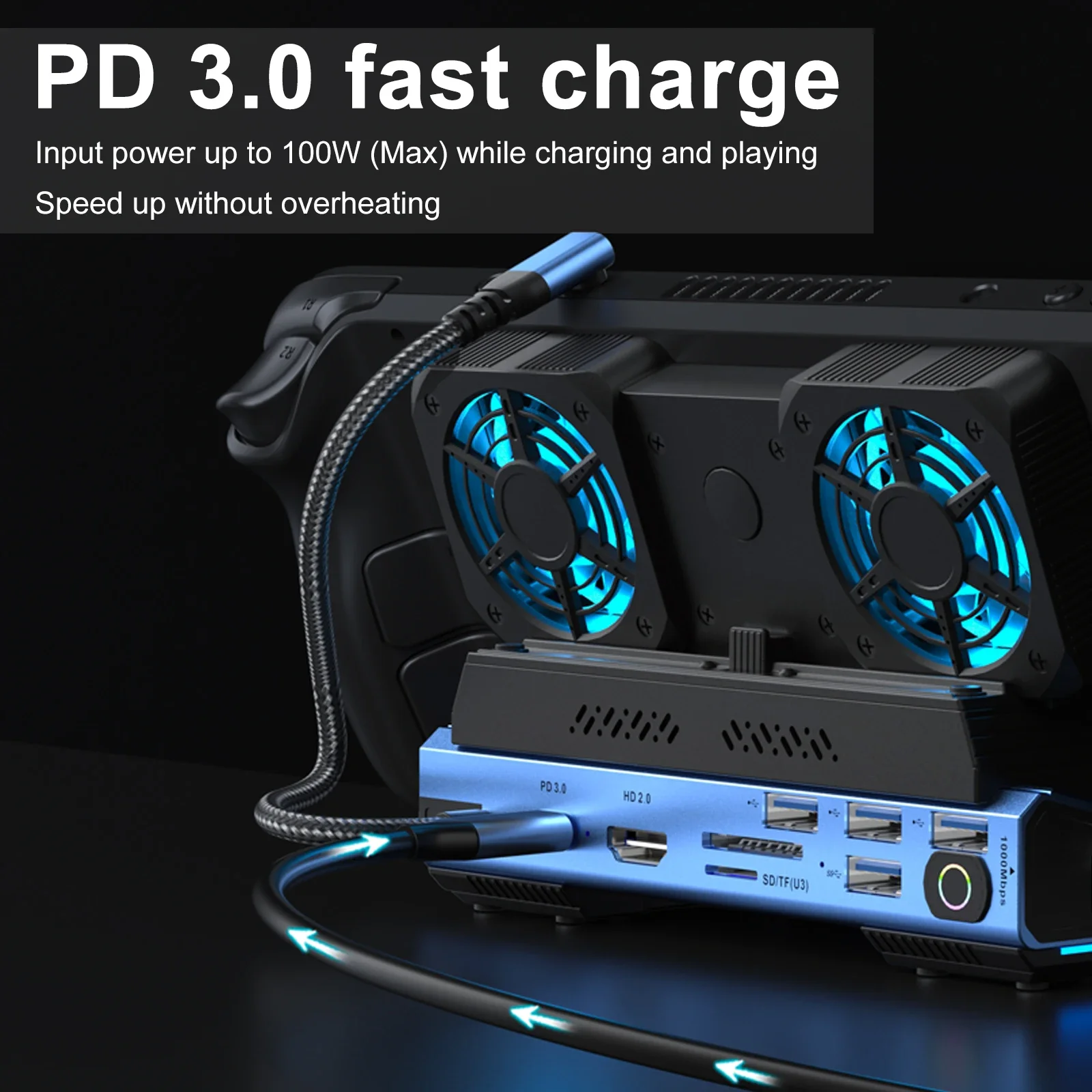 10-in-1 Type-c Game Docking Station for Steam DeckROG Ally/Switch M.2 PCie nvme Hard Disk Box,USB C HUB 4K60HZ Dual Fan Cooling