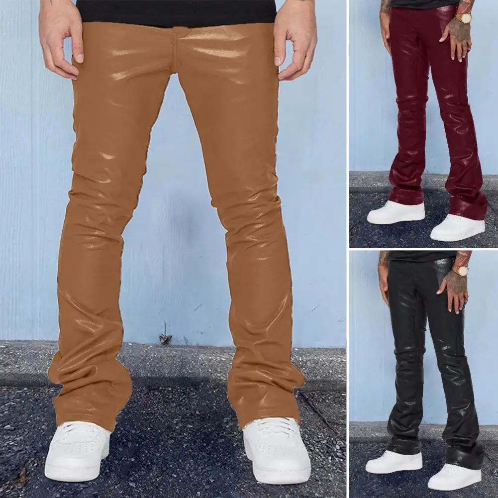 

Кожаные брюки для молодых и средних лет, мужские эластичные тонкие танцевальные повседневные брюки для выступлений, мужские расклешенные брюки для выступлений