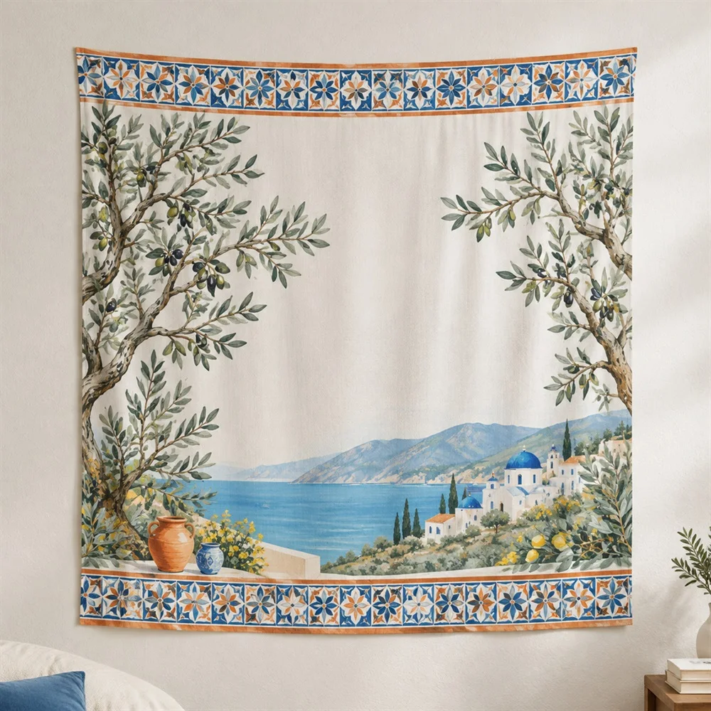 VIKAMA Olive Tree Grove Twin Bands Tapestry Wall Hanging, Mediterranean Wall Art Tapestries for Living Room Bedroom Office Study