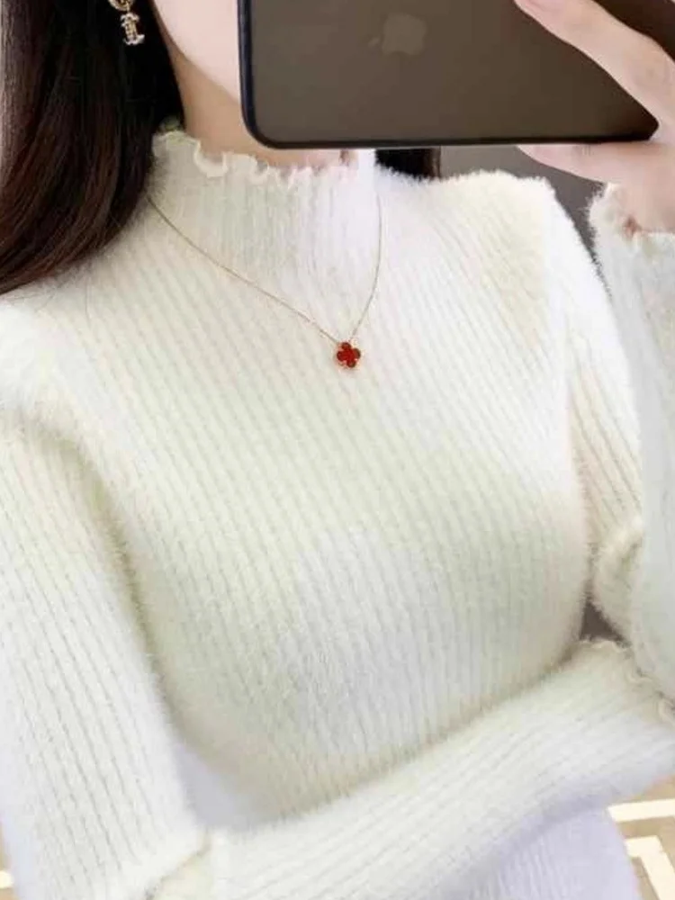 

Soft Faux Fur Knitted Sweater Women's High Ne Earlet Collar Base irt Autumn New Sle Simple Sle Slim Fit Long Sve