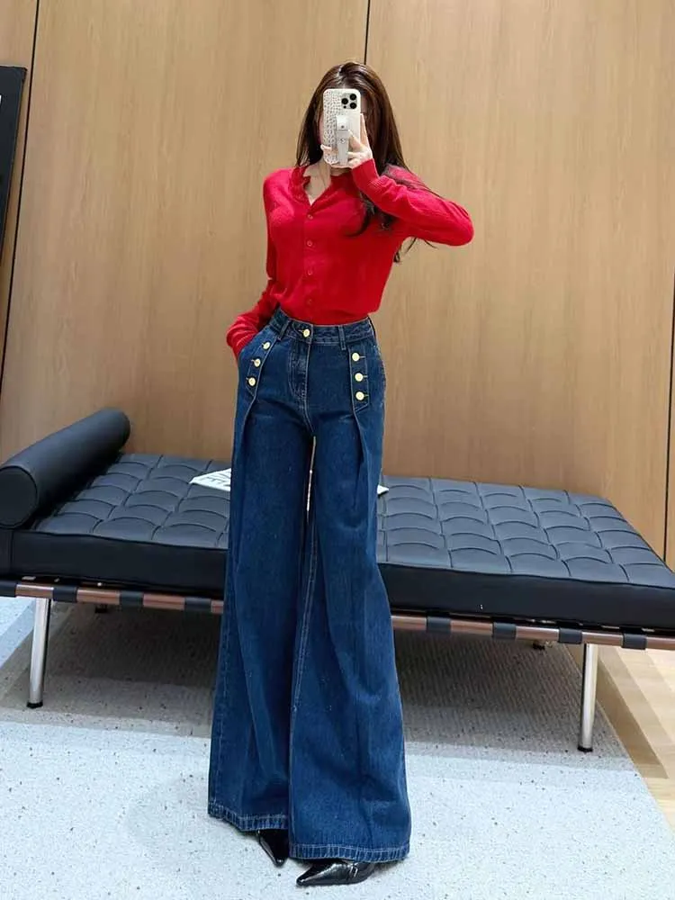 

European and American Retro Style Multi-Breasted Wide Leg Jeans Women's Spring and Autumn 2025 New High-Waisted Loose Pants