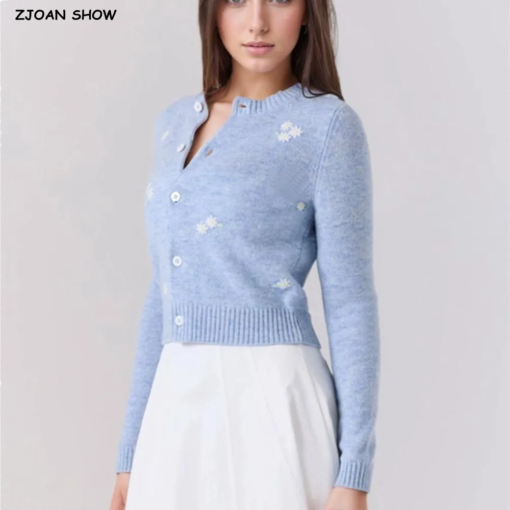 

2025 Autumn CHIC Embroidery Flower Button Through Pointelle Knit Cardigan Sweater Woman O neck Full Sleeve Jumper Short Knitwear