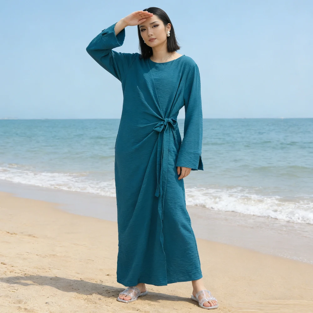 

New Side Wrap Tie Abaya Women Muslim Dress Islam Clothing Casual Dubai Turkish Gown Modest Ramadan Abayas Eid Djellaba Vestidos