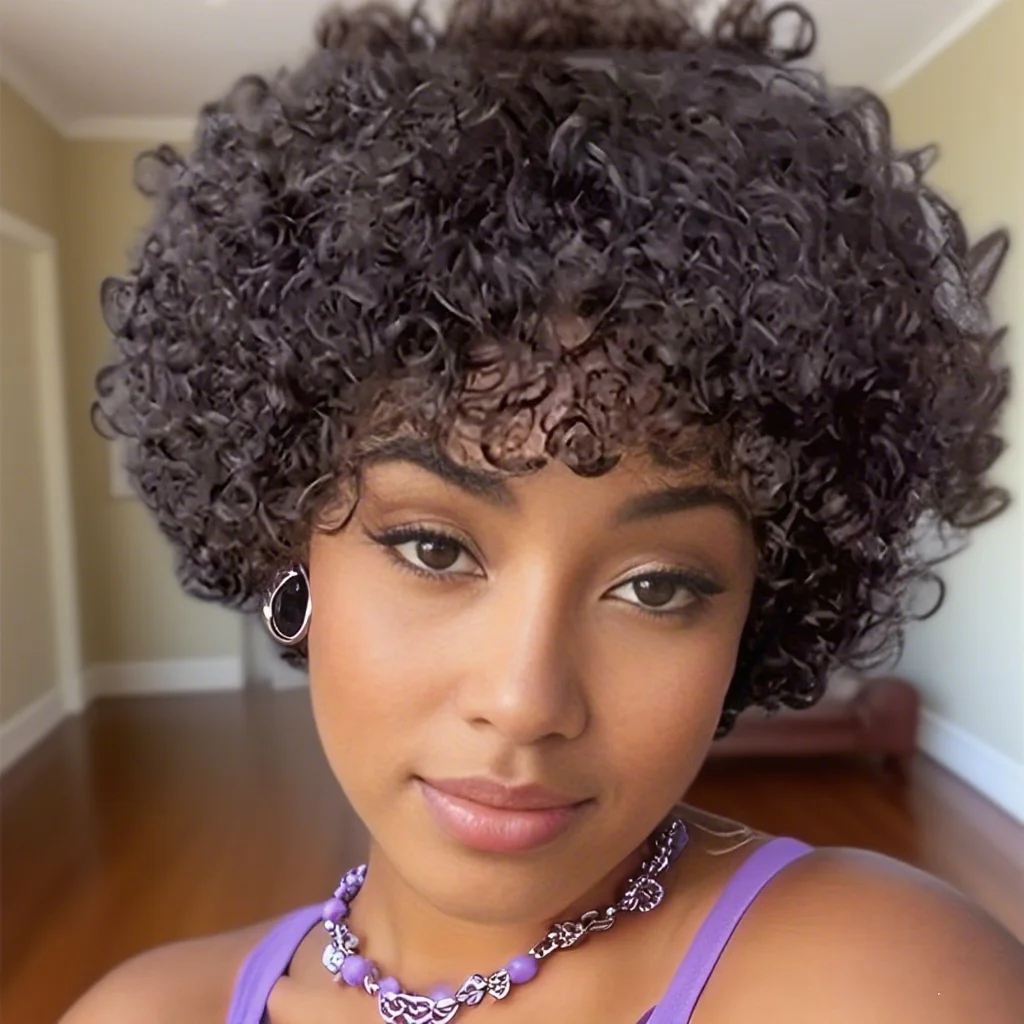 

Парик из натуральных волос для женщин, афро-кудри, стрижка пикси, машинная работа, предварительно прорезанный, короткий, с челкой