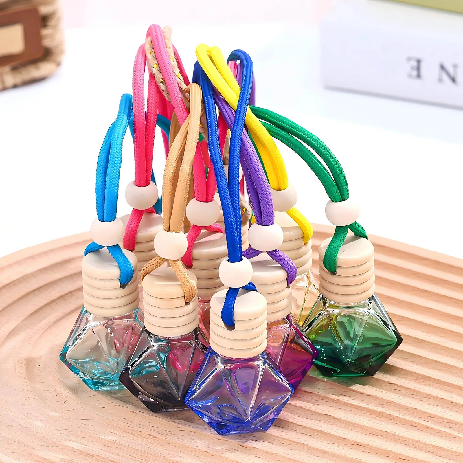 

Colorful Refillable Glass Car Perfume Bottle Pendant Air Freshener Ornament for Auto Interior Rear View Mirror Hanging Diffuser