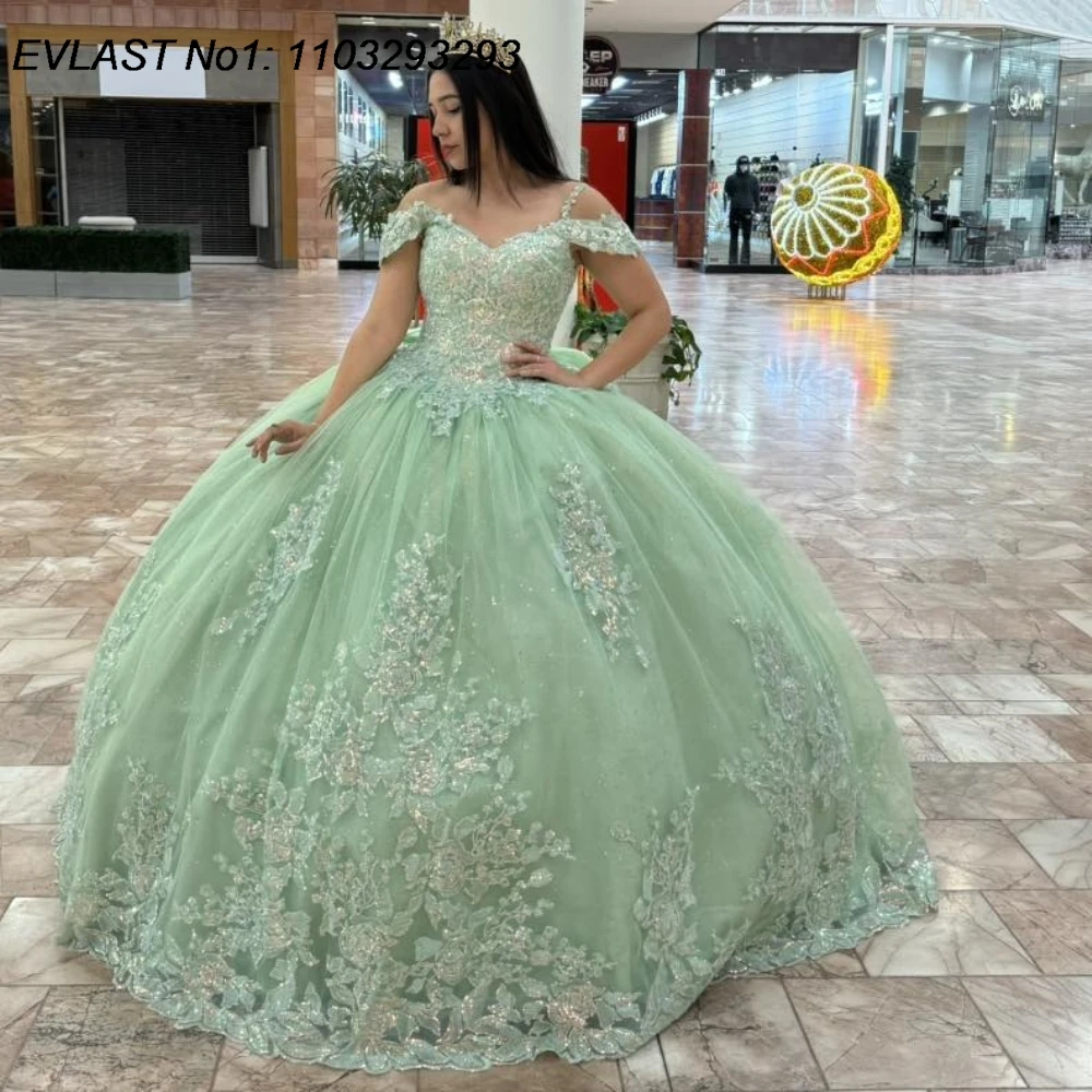 

EVLAST Customized Glitter Mint Ball Gown Quinceanera Dress Lace Applique Beading Bow Corset Sweet 16 Vestidos De 15 Anos E1Q964
