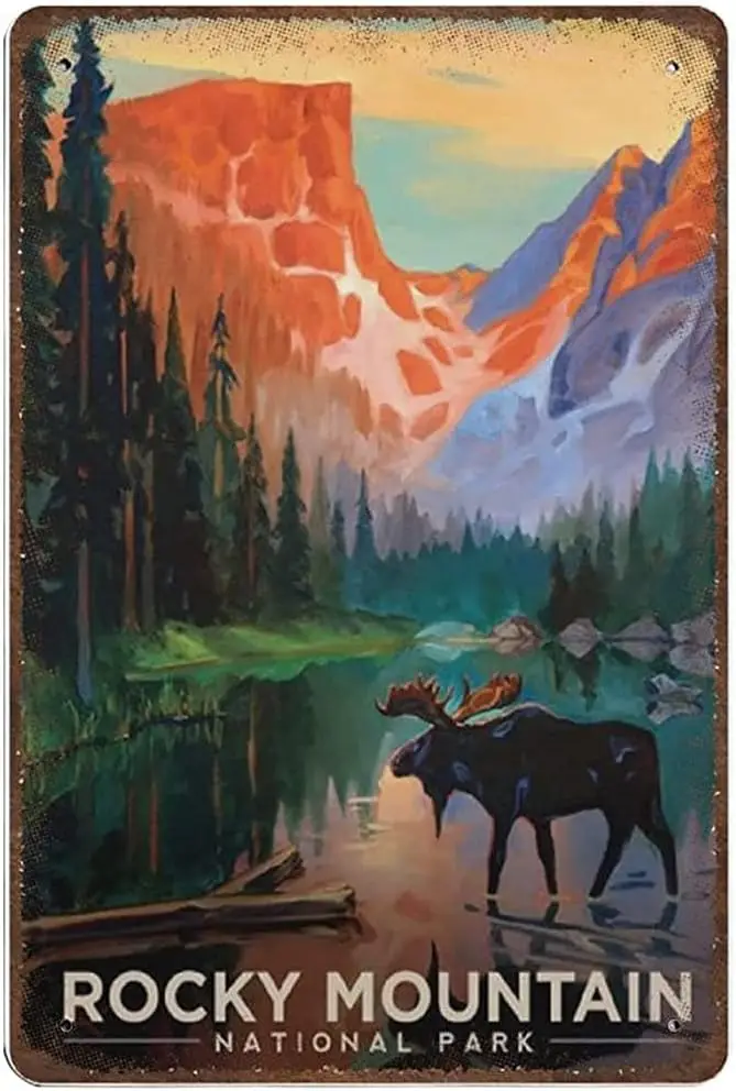 Xiddxu Metal Tin Retro Sign Rocky Mountain National Park Moose in The Morning Tin Sign, Travel Wall Art Print，Wall Decorati sign