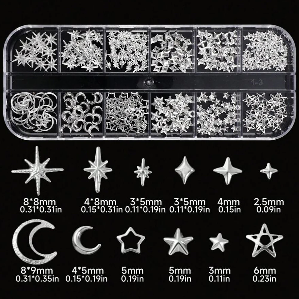 12grid Y2k Metal Silver Moon Stars Nail Rivets Studs 3D Metal Starlight Nails Design Rhinestones FlatBack Manicure Decoration E2