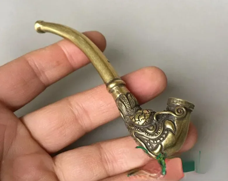 Antique Collection: Pure Copper Dragon Head Pipe, Brass Mouthpiece, Cigarette Bag Pot, Craft Gift Ornament