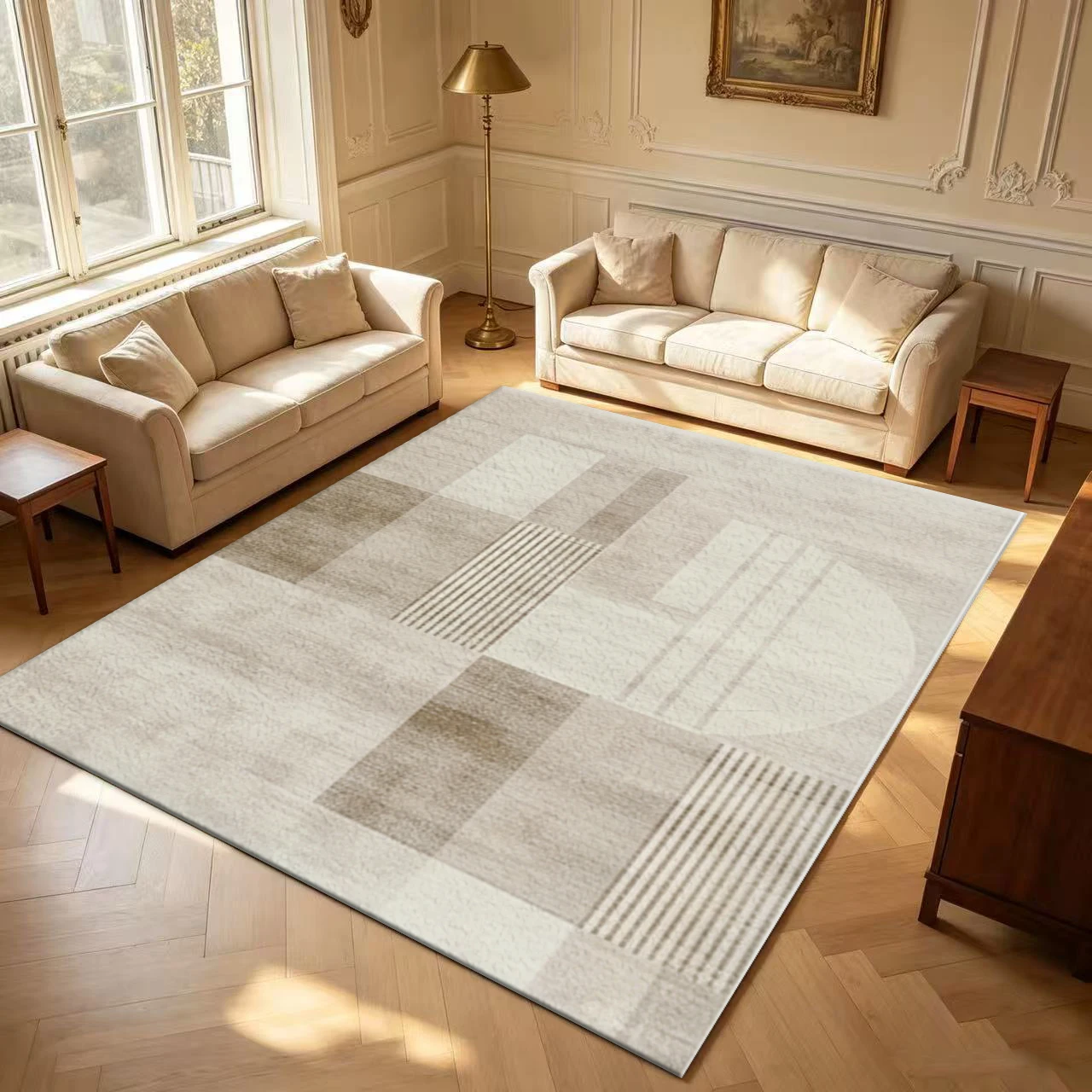 Boho Minimalist Geometric Block Carpet Flooring Light Beige Faded Abstract Area Rug Soft Floor Covering for Home Interior