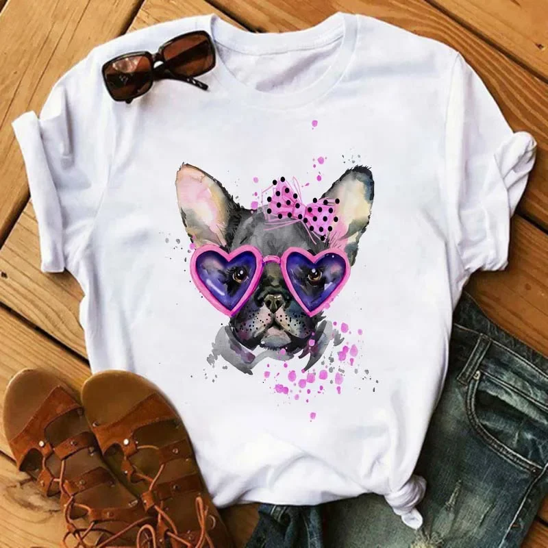 French Bulldog Funny Cartoon T Shirt Women Harajuku 90s Girls Graphic Tee Casual O-neck T Shirt for Lady Top Tee Summer