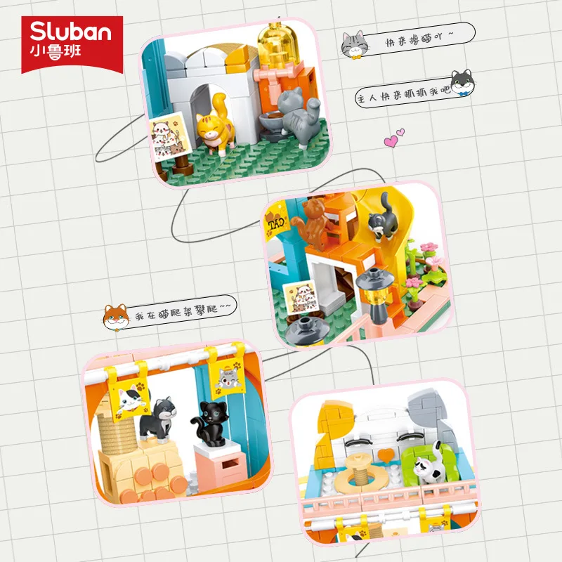 Sluban Girls Pet Home Villa Meow Star House Building Blocks Cartoon Street View Model Girl Friendship Figure Bricks Toy Gift