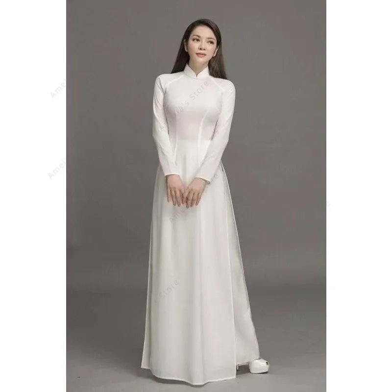 

White Ao Dai Vietnamese Chiffon Long Dress with Pants Elegant Traditional Dress for Women Long Sleeve Formal Gown Wedding Party