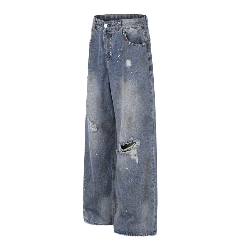 ANJY Spring Autumn New Women Korean Style Fashion Distressed Ripped Casual Denim Pants Rivet Pocket Design Straight Jeans A24113