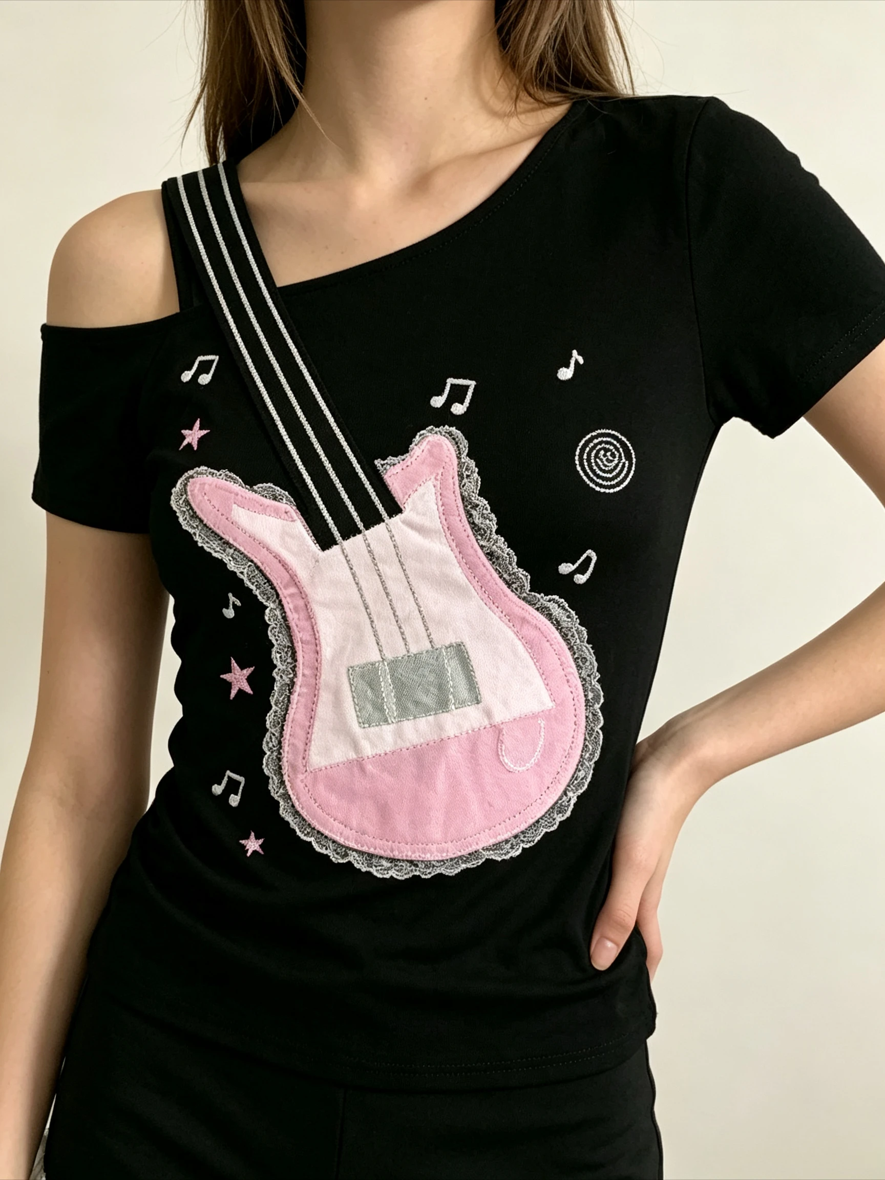 Y2K Punk Guitar Print Cold Shoulder Short Sleeve Top Music Symbol Star Pattern Off Shoulder Slim Casual Aesthetic Street Tee Top