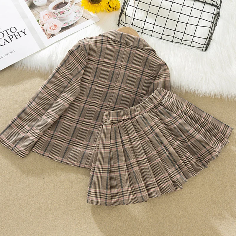 Fashion Wedding Kids Suit for Girls Formal Pant Suits for Teenager 2PCS Blazer Set Brand Plaid Children Wedding Jacket Skirt Set