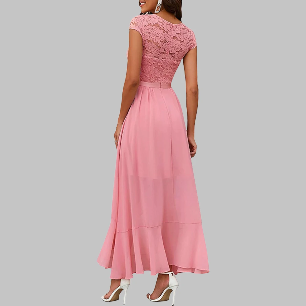 Evening Gowns Women Elegant Fashion Sleeveless Lace Spliced Chiffon Ruffled Irregular Hem Long Dress Summer New Cocktail Dresses