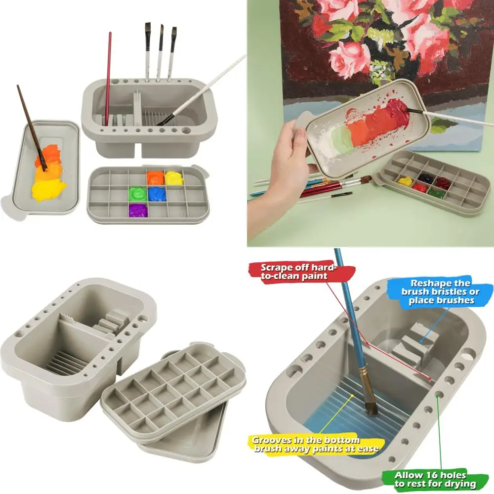 

Очиститель кистей, держатель кистей и органайзеры с палитрой для акриловых, акварельных и водных красок (серый)