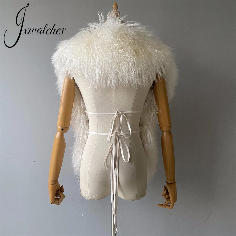 Jxwatcher Women Real Mongolian Sheep Fur Vest Ladies Streetwear Spring Fall Fashion Sheep Fur Halter Tops 2025 New In Outerwear