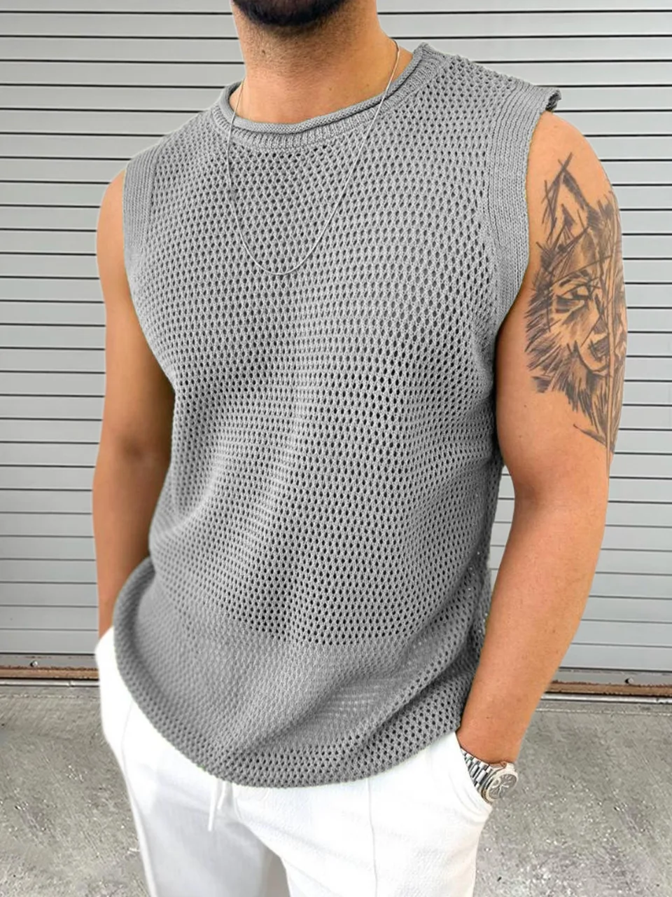 European American Men's Knitted Tank Tops Summer Casual Fashion Simple Round Neck Knitting Hollowed Out Pullover Vest