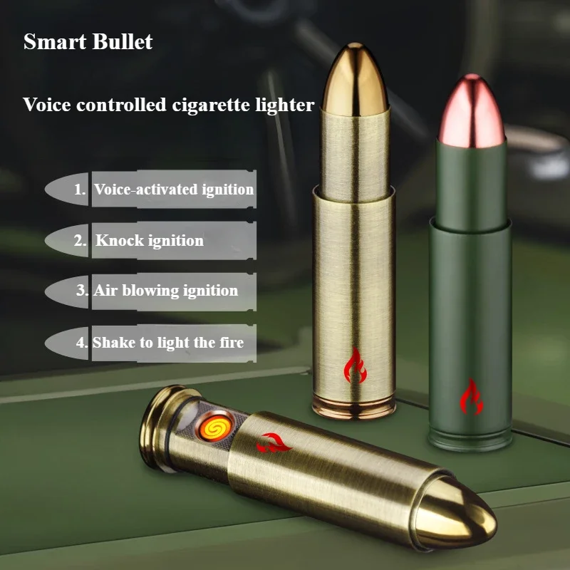 

New Creative Voice-controlled Blowing Ignition Metal Bullet Lighter Personality Knock Ignition Electric Lighter Men's Gadget