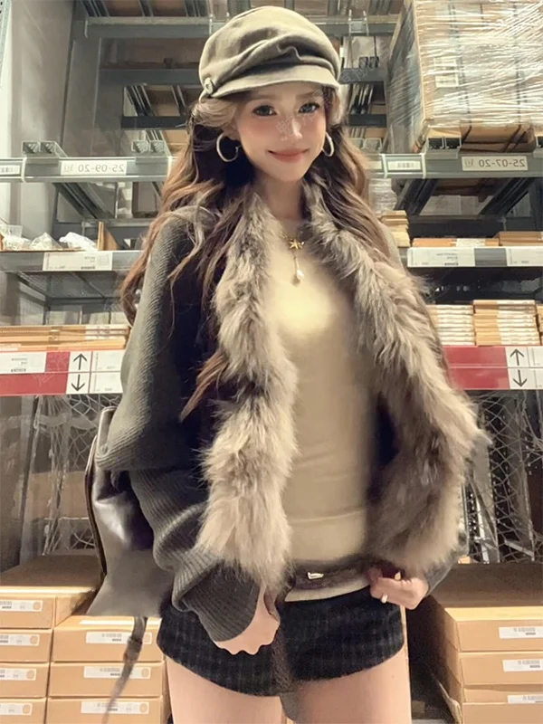 

Женское вязаное пальто с рукавами «летучая мышь» и меховым воротником, свободный крой, осень-зима, новый стиль, винтажный шик, повседневная вязаная одежда