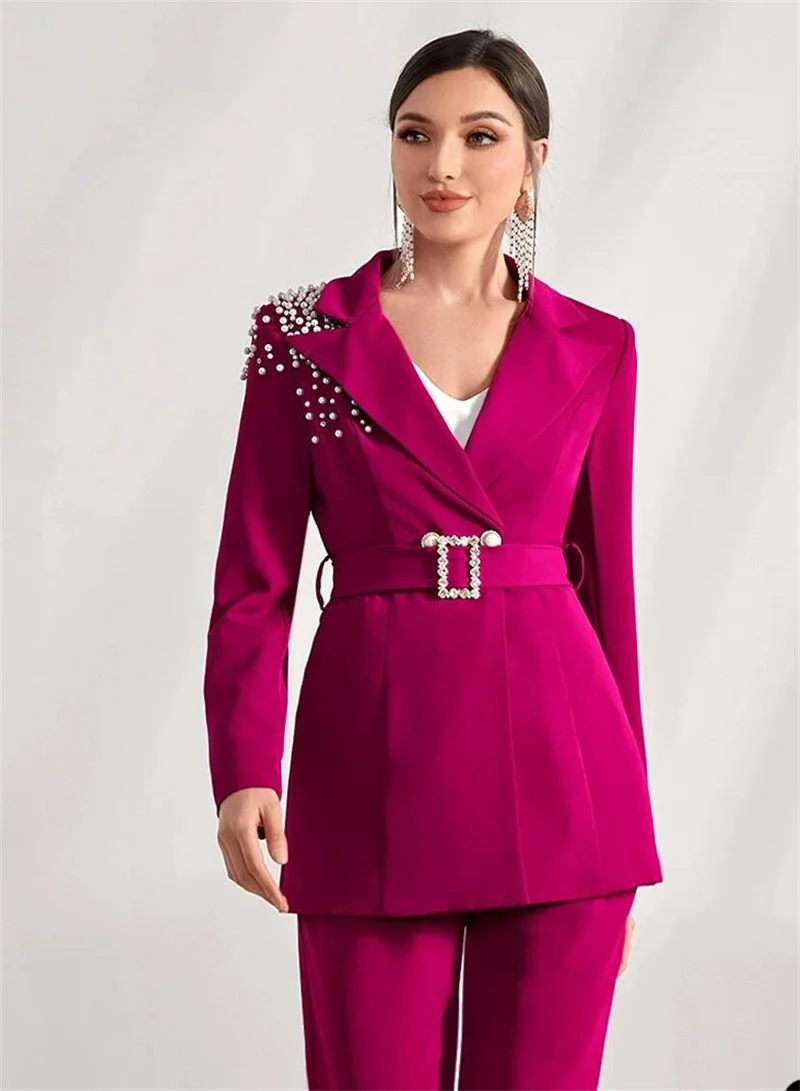 Ensemble 2 pièces de costume pour femmes, Blazer avec ceinture, pantalon droit, en coton, manteau formel de bureau, personnalisé