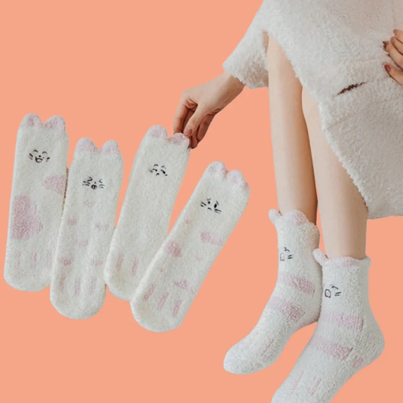 

5/10 Pairs 2024 New Fashion Winter Breathable Socks Half-velvet Cute Cat Thick Warm Sleeping Towel Socks Confinement Socks