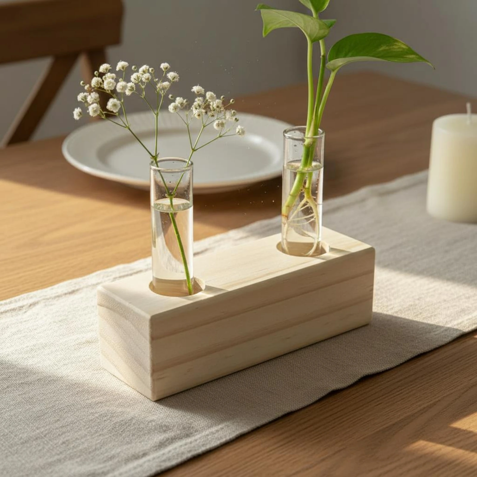 Test Tube Vase Natural Wood Test Tube Flower Vase Hydroponic Plant Holder Minimalist Design Wooden Propagation Station Slim