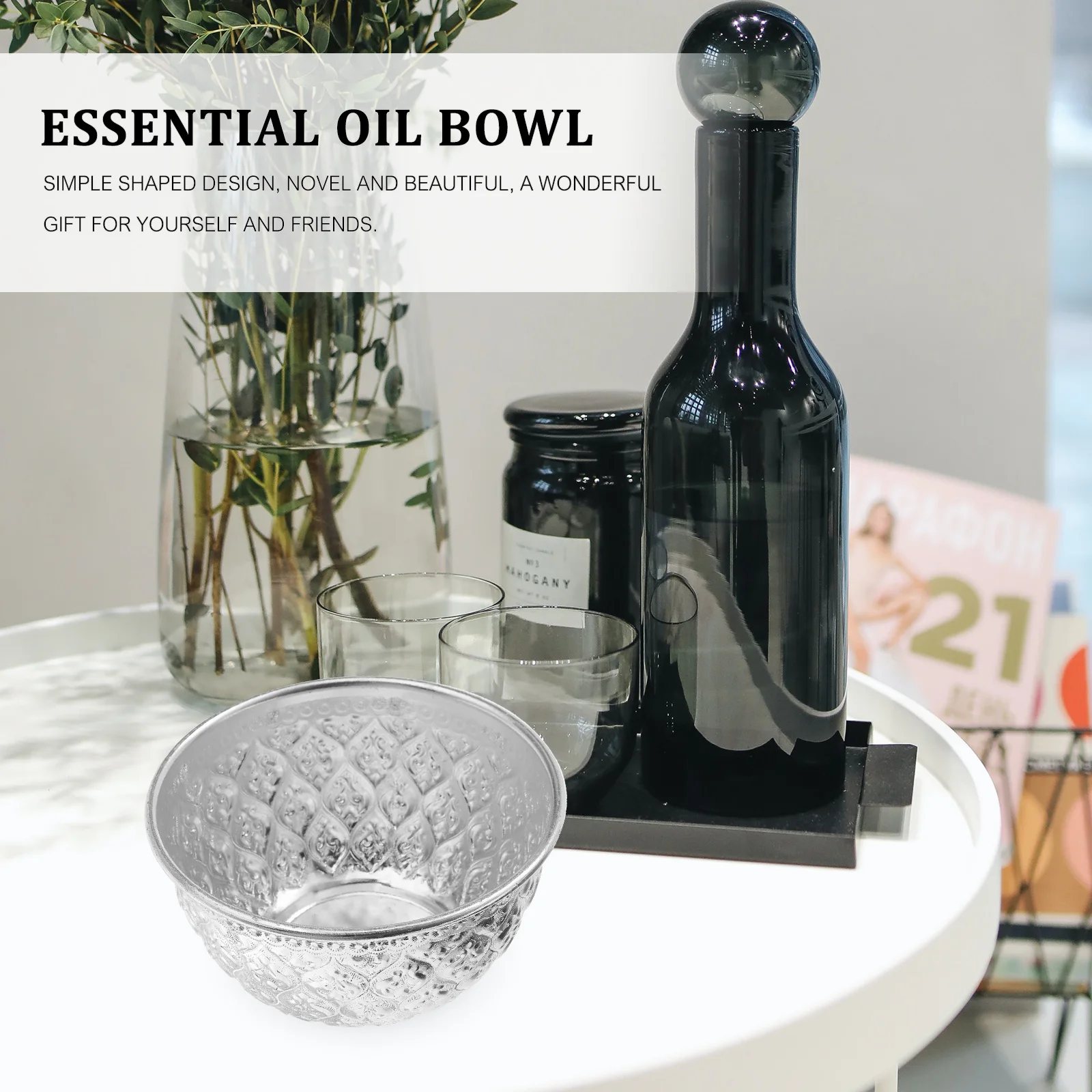 

Essential Oil Bowl Beauty Spa Container Hydrotherapy Storage Tin Aluminum Alloy Delicate Thai Style Pattern Smooth Surface