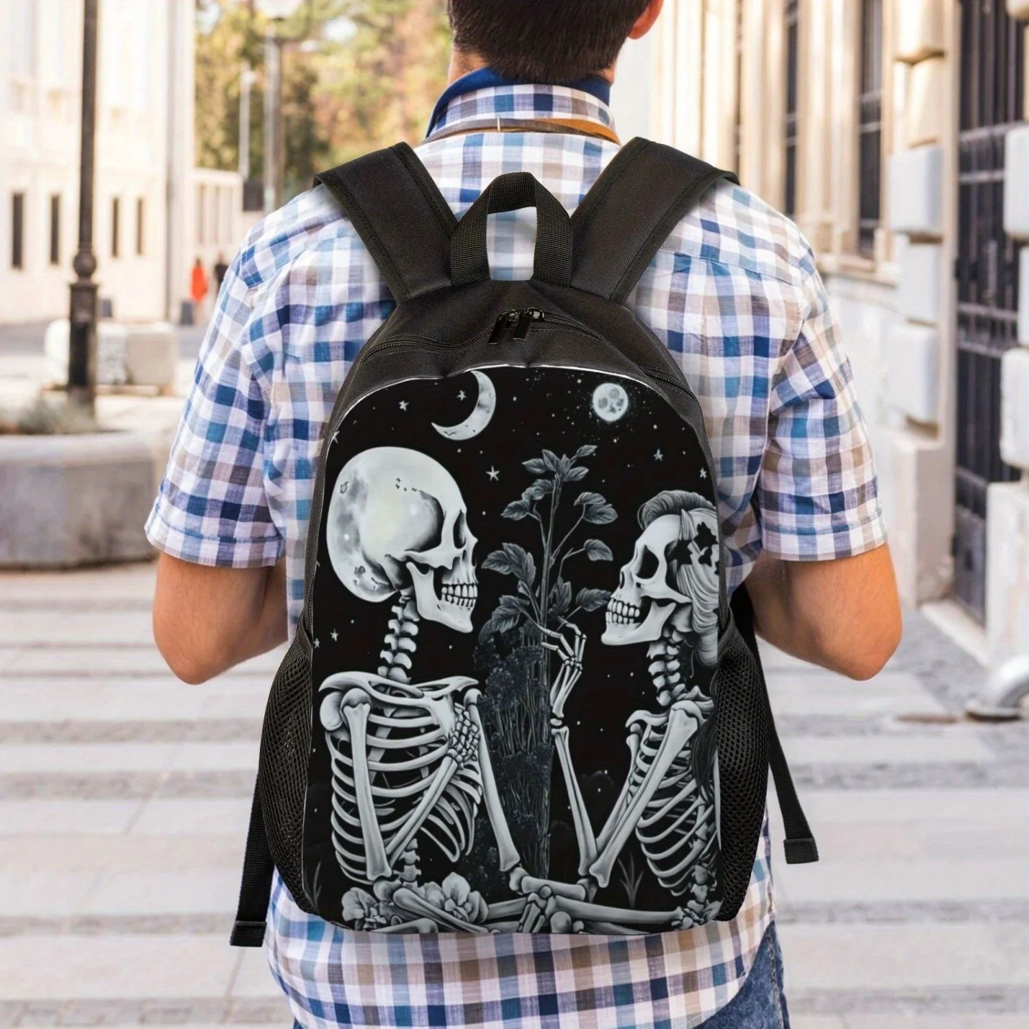 Gothic Skeleton Moon Printed Street Style Cool Backpack for Men, Casual Bag