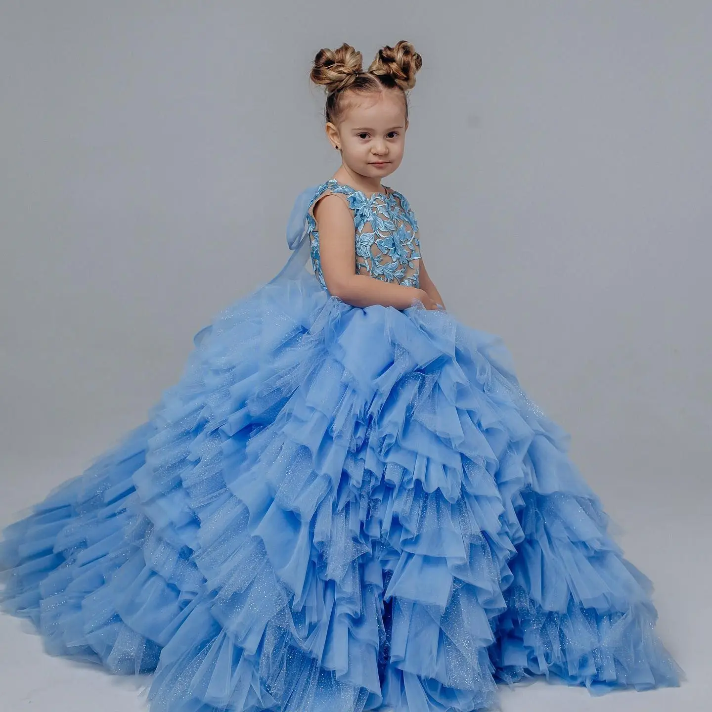 Vestidos de niña de flores azul cielo claro para boda, vestidos de fiesta de encaje con volantes para niñas, vestidos de desfile de princesa para bebés, vestidos de graduación de cumpleaños