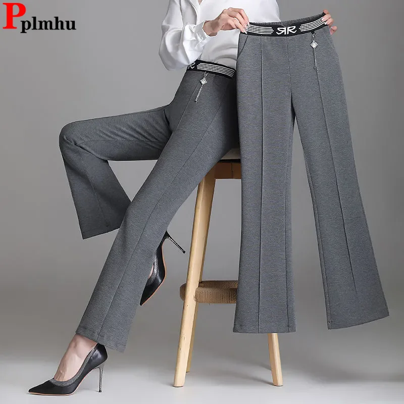 

Women Solid Grey Slim Flare Pants Korean Elastic High Waist Boot Cut Pantalones Spring Fall Casual Ankle Length Calcas Feminina