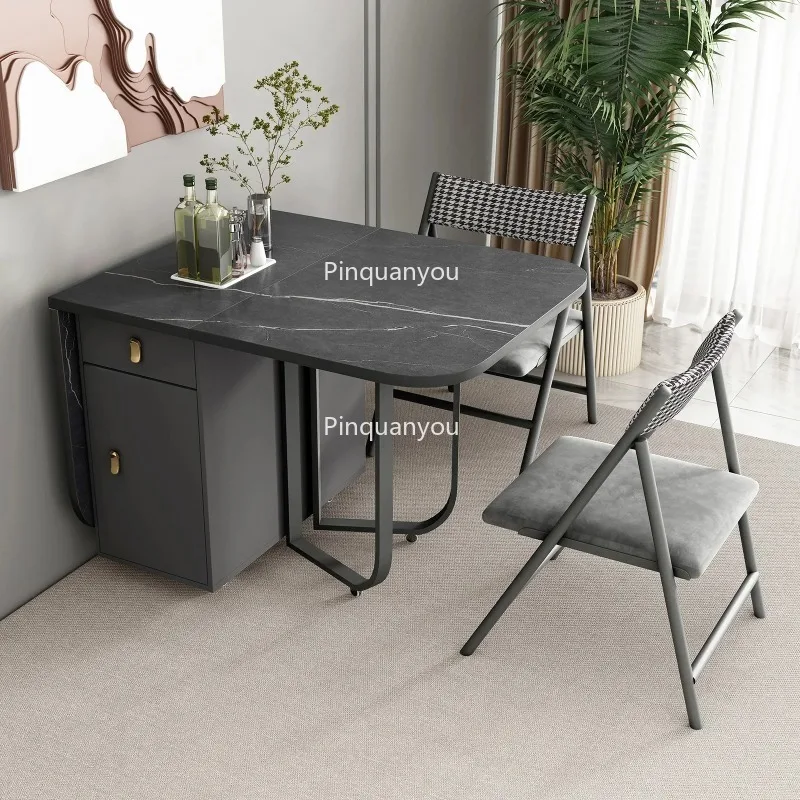 Tavolo da pranzo pieghevole con portaoggetti e 2 cassetti Tavolo da cucina versatile allungabile e sedie da pranzo pieghevoli mobili in metallo