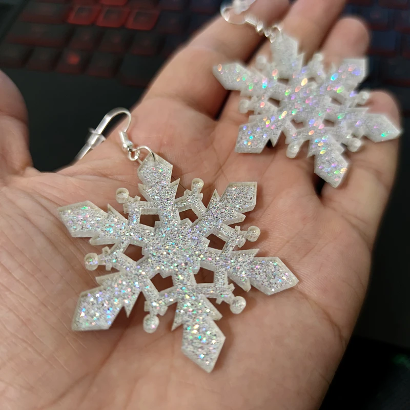 KUGUYS Cute Acrylic Jewelry Glitter Christmas Snowflake Drop Earrings for Women Trendy Accessories