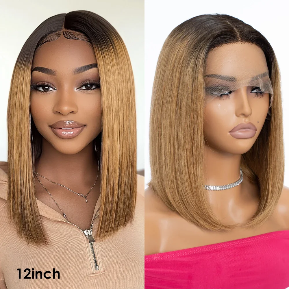 

Ombre Brown Straight Bob 13x6x1 Lace Front Wigs Human Hair Short Straight Bob Wigs Blonde Remy Hair Pre Plucked Glueless Wig