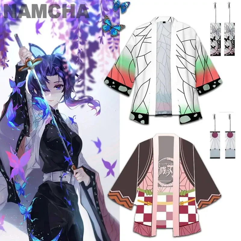 Anime Kamado Tanjirou Costume Cosplay Kamado Nezuko Giyuu Tomioka Kimono mantelli giacca Cardigan con clip per l'orecchio