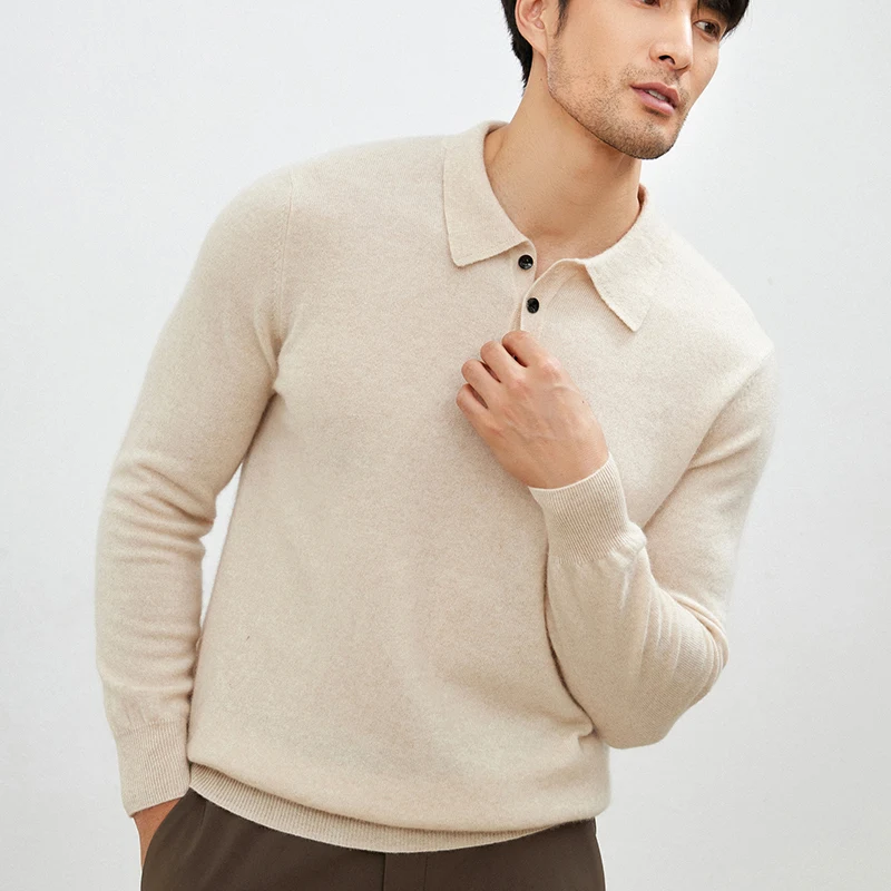 Nuovo maglione di puro cashmere al 100% da uomo con collo a polo a maniche lunghe pullover moda lavorato a maglia con fondo business casual maglione di cashmere.