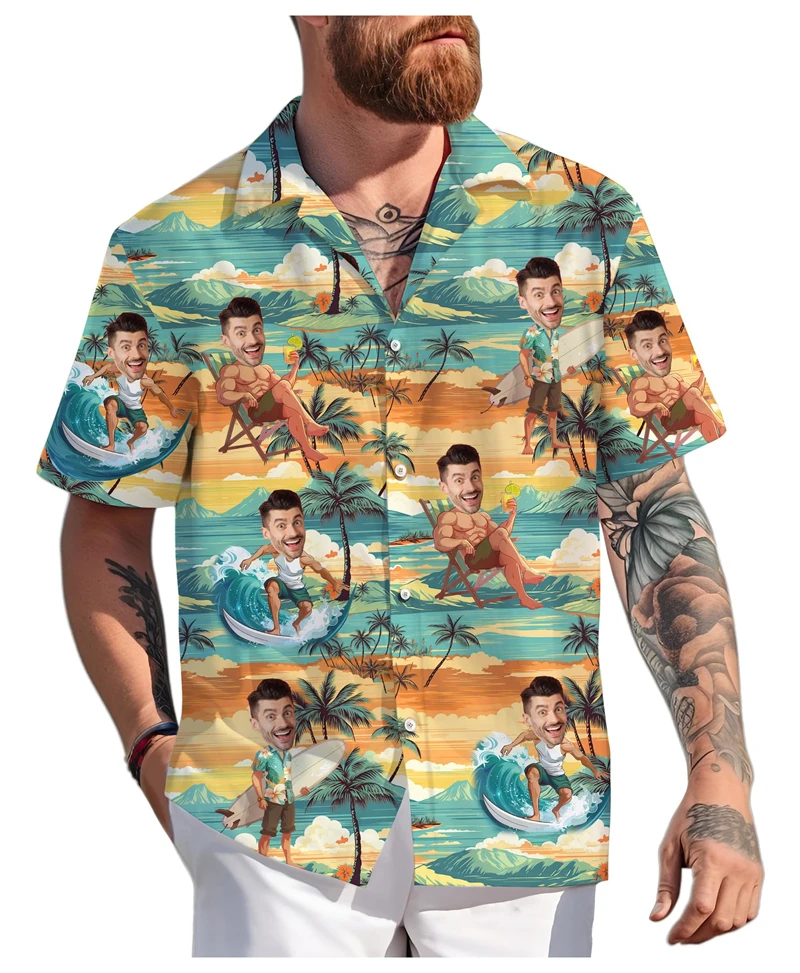 

Funny Custom Face Hawaiian Shirts For Men Summer Fashion Short Sleeve Personalized 3D Printed Shirt Loose Breathable DIY Blouses