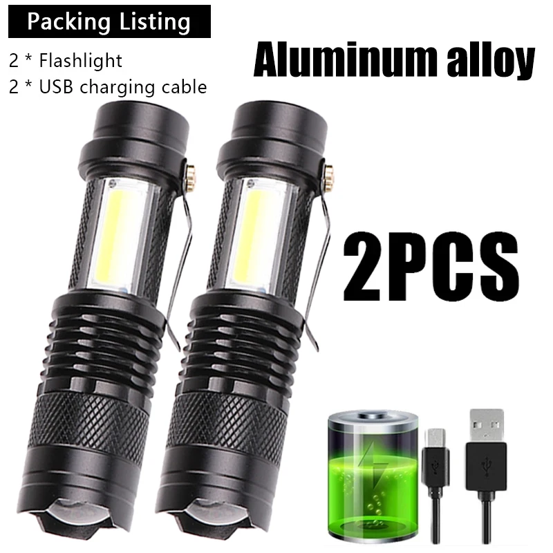 Mini Aluminum Alloy LED Zoom Flashlight COB+XPE Rechargeable Emergency Torch Outdoor Waterproof Long Range Camping Lantern