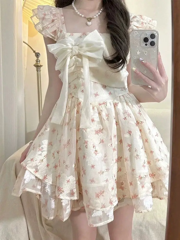 

Japan Style Sweet Floral Dress Women 2025 Summer Korean Slim Casual Fairy Mini Dress Female Chic Fashion Elegant Party Dress Y2k