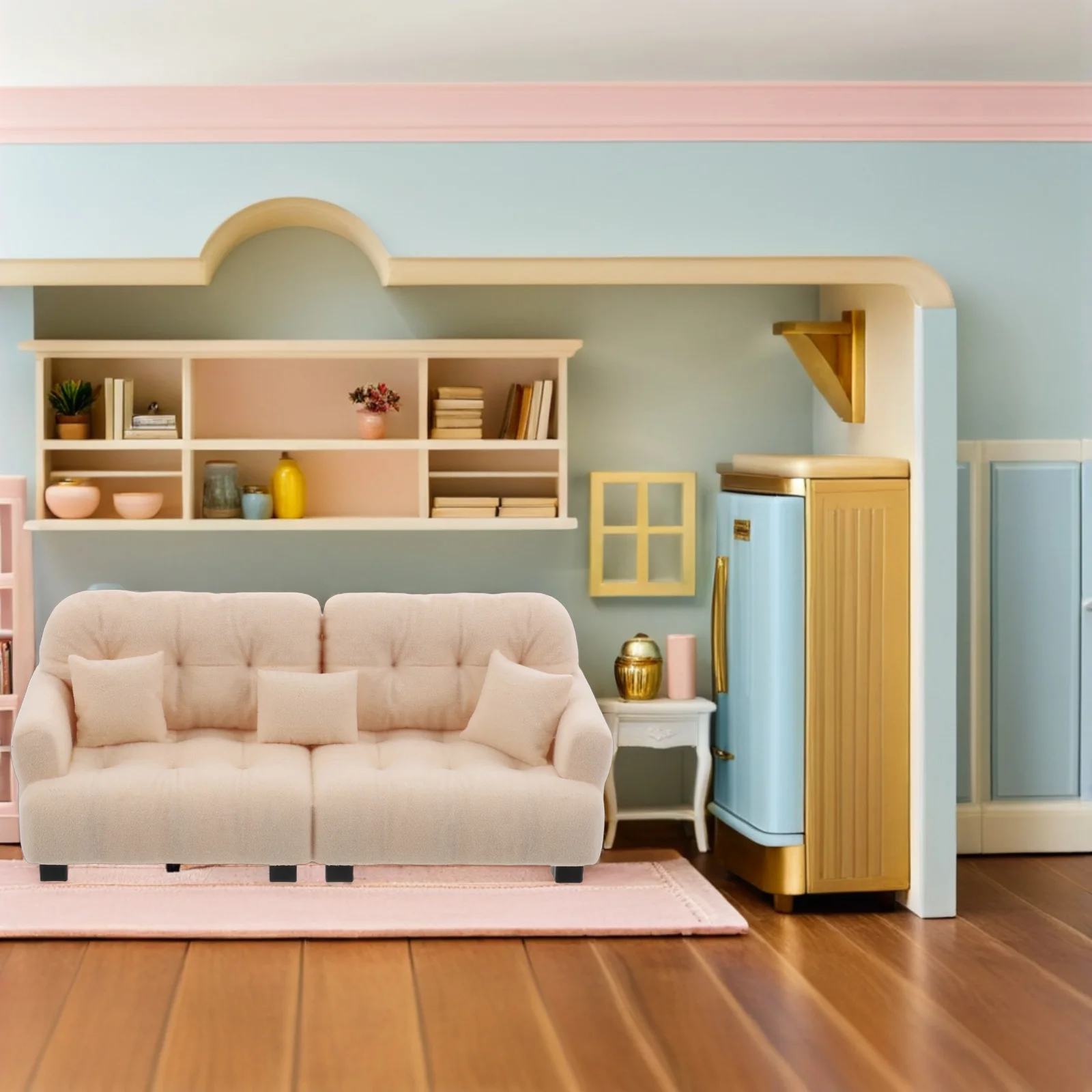 أريكة مصغرة بمقياس 1:25 أثاث عصري كريمي صغير لإكسسوارات غرفة المعيشة في بيت الدمى أريكة منزلية مصغرة #2