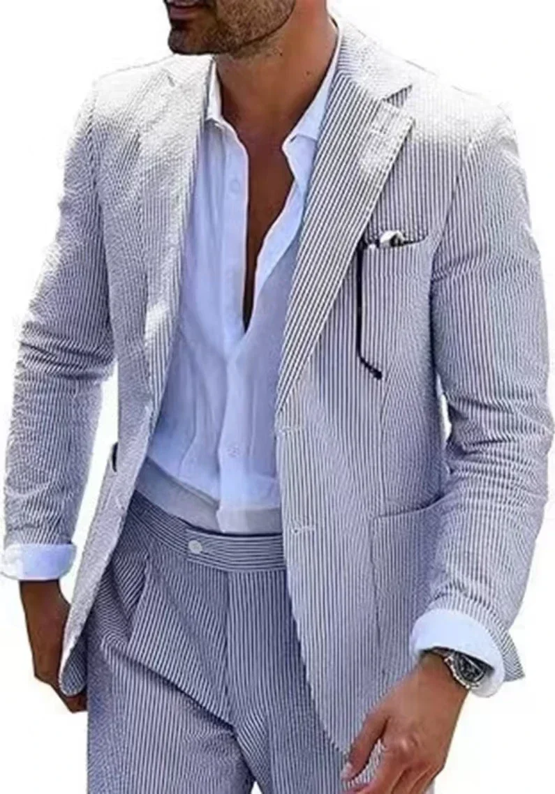 

Seersucker 2-Piece Men's Wedding Suit Set Stylish Casual Beach Wedding Tuxedo with Jacket And Pants for Dance Parties