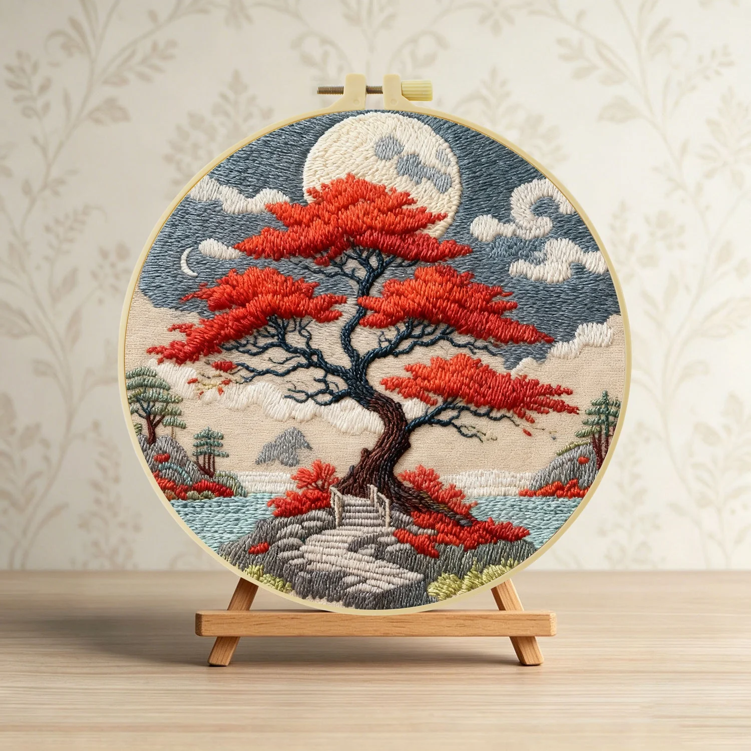 Red Tree Moonlit Lake 1PCS DIY Embroidery Material Kits For Beginner Embroidery Starter Kit Cross Stitch Art For Gift Needlework