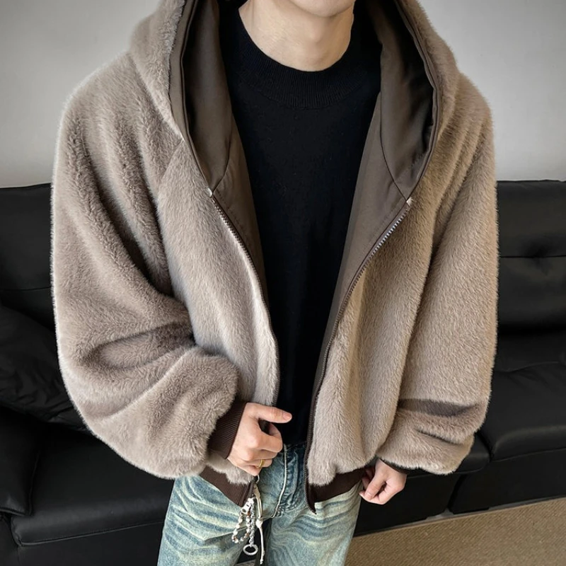 سترة بغطاء للرأس مبطنة بالصوف مزدوجة الوجه للجنسين - أخضر حكيم (كحلي/بني/أسود) S-XL ملابس شتوية دافئة للزوجين ​