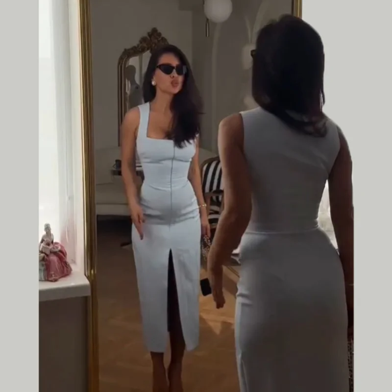 Elegant Dress Chic Minimalist Zipper Bodycon Women Dresses Summer Vacation Evening Party Modest Casual Streetwear