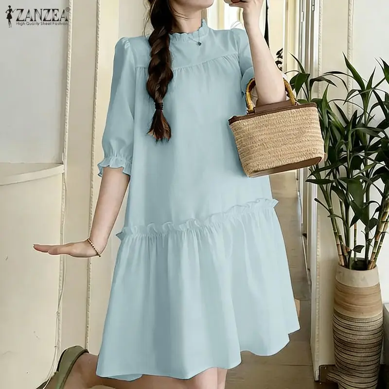 2026 ZANZEA Damen Sommerkleid Stilvolles O-Ausschnitt Halbarm Einfarbiges Sommerkleid Elegantes Rüschenkleid Lässiges Urlaubskleid Knielang